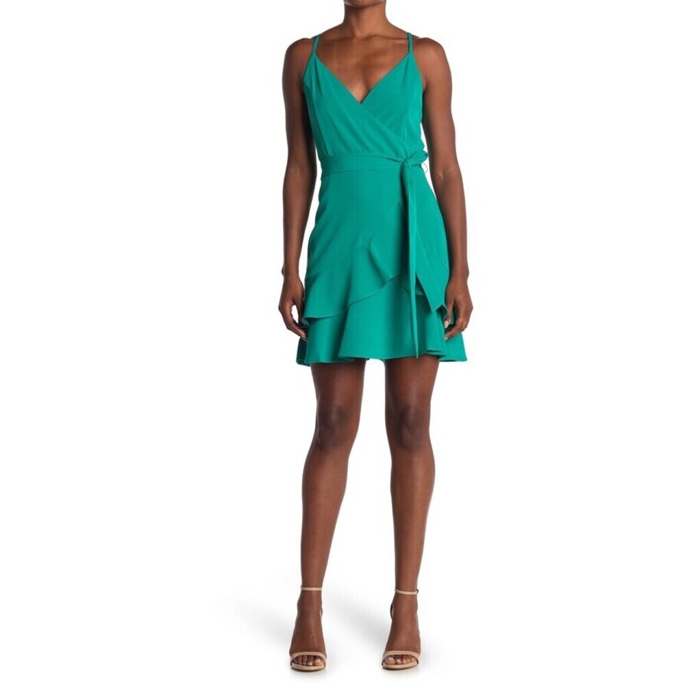 Sage Collective Women's Sleeveless Ruffled Wrap Mini Dress In Teal Green Size 14
